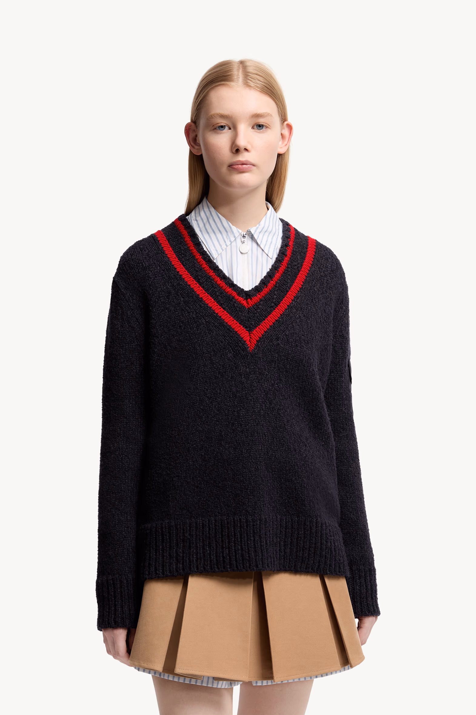 Padded V-Neck Cotton & Wool Blend Sweater Women Navy Blue Moncler 3